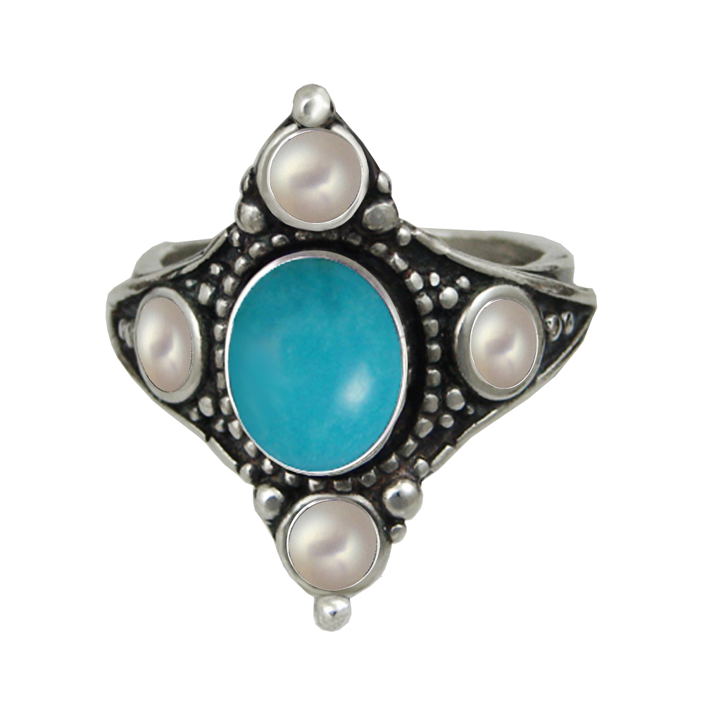 Sterling Silver Queen's Ring With Turquoise And Cultured Freshwater Pearl Size 9